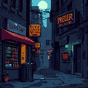a 8-bit pixel art style dystopian city view. a street with a wino-shop, a trash can and a bar/music venue. the bar should have a sign which reads "never lair". there should also be a small nasty alley