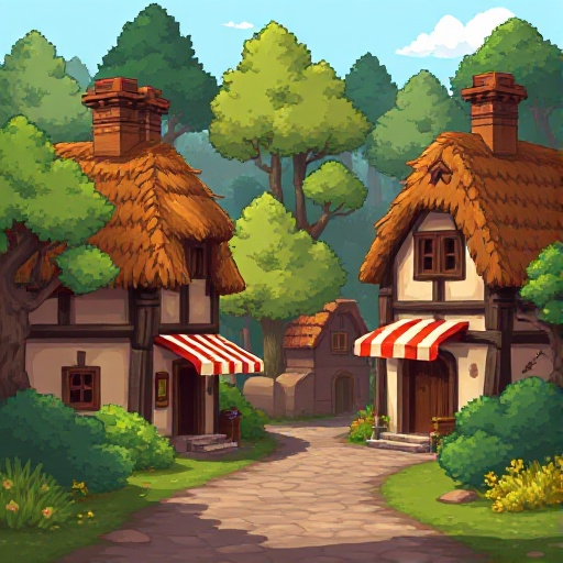 retro pixel, a pixelated illustration of a medieval village scene. the village is located in a wooded area with trees and bushes surrounding it. there are two thatched-roofed houses on either side of the street, each with a red and white striped awning.
