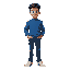 bruno mars wearing blue sweater, jeans, white shoes.