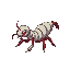 insect-type digimon in the child stage based on a centipede,with a light gray exoskeleton,red-colored legs,fangs,and details.it should also have insect-like mandible at the tip of its tail.in pixelart