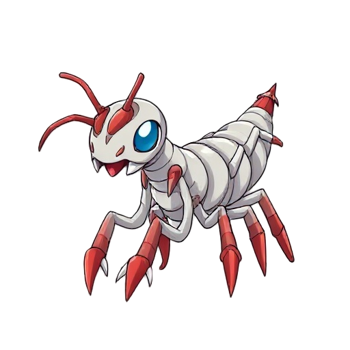 insect-type digimon in the child stage based on a centipede, with a light gray exoskeleton, red-colored legs, fangs, and details. it should also have insect-like mandible fangs at the tip of its tail.