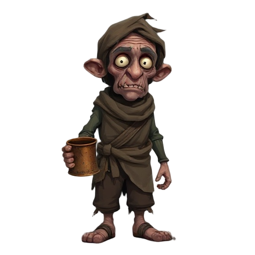tattered beggar in rags, gaunt face, sunken eyes, holding a rusty cup. 