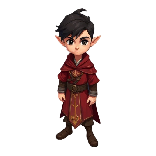 handsome male elf mage with messy dark short-medium hair and dark eyes, wearing red robes with gold markings