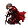"haired warrior kneels in solemn silence, clad in crimson and black armor with a flowing red cape. the chainmail beneath his plates glimmers faintly, a testament to countless battles endured. his sword rests sheathed at his side, yet the weight of his pre