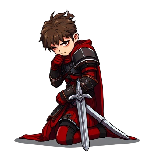 "haired warrior kneels in solemn silence, clad in crimson and black armor with a flowing red cape. the chainmail beneath his plates glimmers faintly, a testament to countless battles endured. his sword rests sheathed at his side, yet the weight of his pre