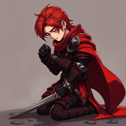 "a red-haired warrior kneels in solemn silence, clad in crimson and black armor with a flowing red cape. the chainmail beneath his plates glimmers faintly, a testament to countless battles endured. his sword rests sheathed at his side, yet the weight of h