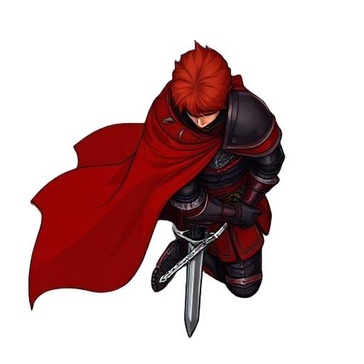 "a red-haired warrior kneels in solemn silence, clad in crimson and black armor with a flowing red cape. the chainmail beneath his plates glimmers faintly, a testament to countless battles endured. his sword rests sheathed at his side, yet the weight of h