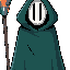 the character wears a dark green hooded cloak that conceals most of their face, revealing only a mask with vertical black slits. they carry a tall, ornate staff topped with a glowing orange crystal encased in meta