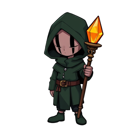 the character wears a dark green hooded cloak that conceals most of their face, revealing only a mask with vertical black slits. they carry a tall, ornate staff topped with a glowing orange crystal encased in meta