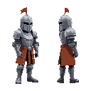 the armored knight faces right