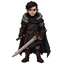 a battle-hardened medieval warrior inspired by the 13th warrior, with middle eastern features and a stoic expression. he wears a weathered black cloak lined with fur, over layered chainmail and leather armor. in his hand, he grips a rugged longsword with 
