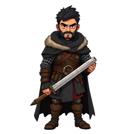 a battle-hardened medieval warrior inspired by the 13th warrior, with middle eastern features and a stoic expression. he wears a weathered black cloak lined with fur, over layered chainmail and leather armor. in his hand, he grips a rugged longsword with 