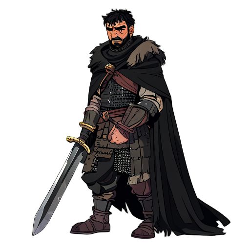 a battle-hardened medieval warrior inspired by the 13th warrior, with middle eastern features and a stoic expression. he wears a weathered black cloak lined with fur, over layered chainmail and leather armor. in his hand, he grips a rugged longsword with 