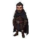a battle-hardened medieval warrior inspired by the 13th warrior, with middle eastern features and a stoic expression. he wears a weathered black cloak lined with fur, over layered chainmail and leather armor. 