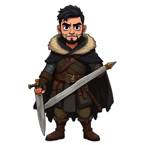 a battle-hardened medieval warrior inspired by the 13th warrior, with middle eastern features and a stoic expression. he wears a weathered black cloak lined with fur, over layered chainmail and leather armor. in his hand, he grips a rugged longsword with 