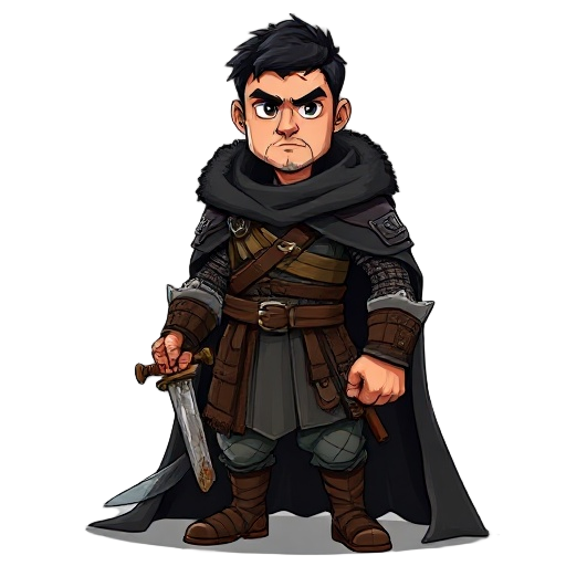 a battle-hardened medieval warrior inspired by the 13th warrior, with middle eastern features and a stoic expression. he wears a weathered black cloak lined with fur, over layered chainmail and leather armor. in his hand, he grips a rugged longsword with 