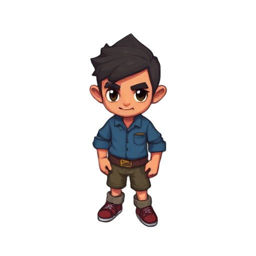 personagem tipo isometrico rpg em pixel-art, cujo é um cubinho com uma calça marrom e camisa azul.