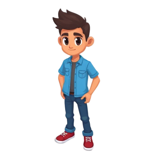 personagem tipo isometrico em pixel-art, cujo é um cubinho com uma calça marrom e camisa azul.
