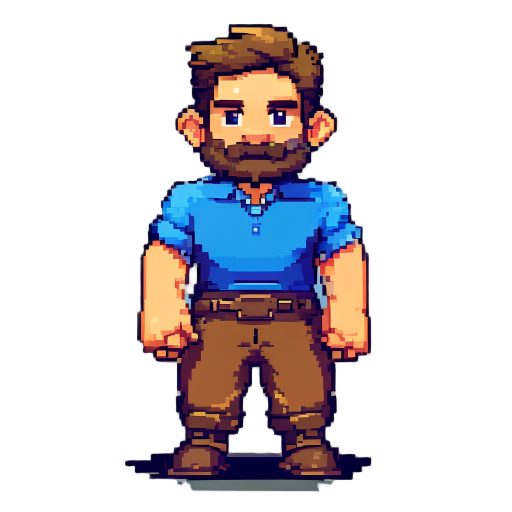 personagem tipo isometrico rpg em pixel-art, cujo é um cubinho com uma calça marrom e camisa azul.