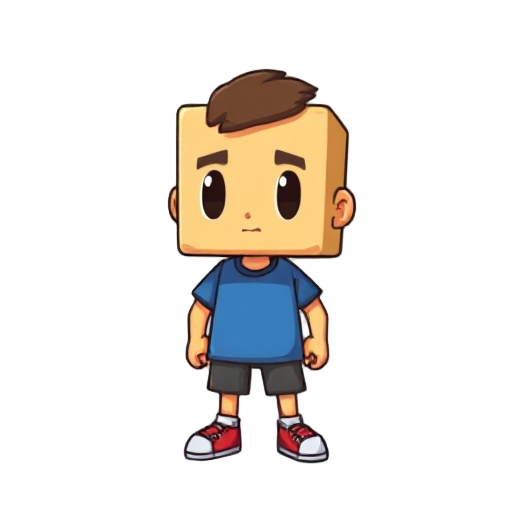 cubo amarelo com uma calça marrom e camiseta azul. em pixel-art 