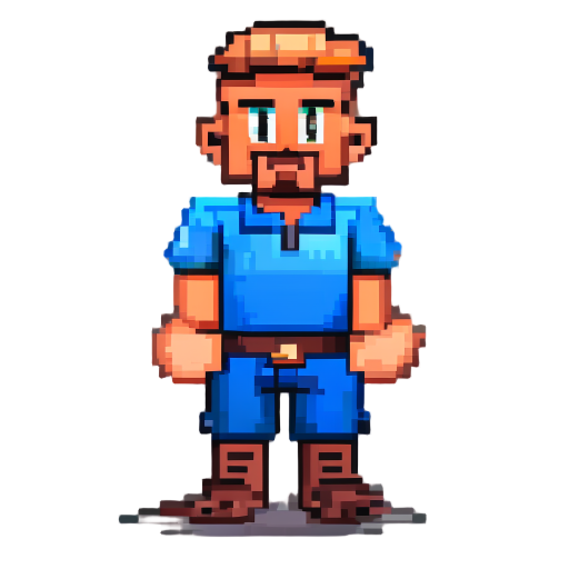 personagem tipo isometrico rpg em pixel-art, cujo é um cubinho com uma calça marrom e camisa azul.