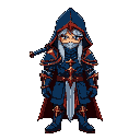 dark knight in blue armor with copper, red hood, long silver hair, large sword on his back, asymmetrical shoulder pads