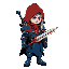 dark knight in blue armor with copper, red hood, long silver hair, large sword on his back, asymmetrical shoulder pads