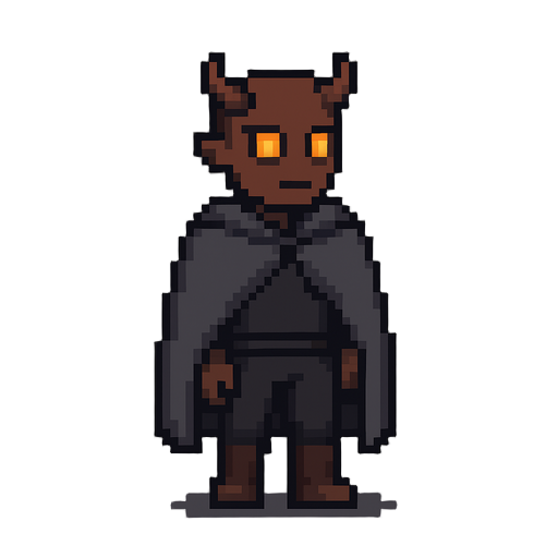 a pixel character with dark skin, an anthropomorphic body, and small horns. they have bright orange eyes and wear a gray cape