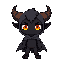 a pixel character with dark skin, an anthropomorphic body, and small horns. they have bright orange eyes and wear a gray cape