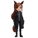 a women with brown hair wear black coat and pants poney tail hair style 