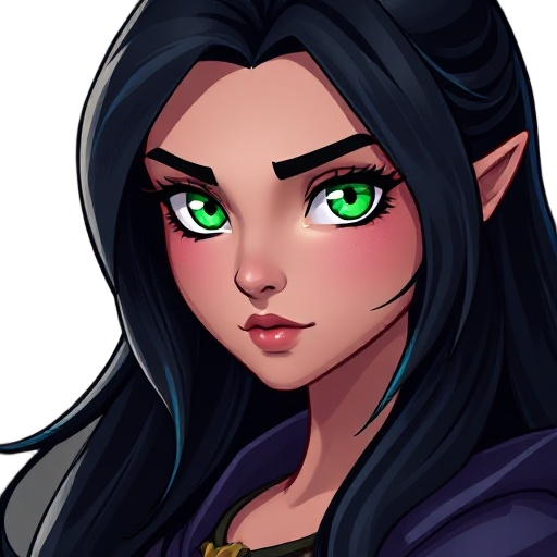 close-up portrait of lyra, a fierce fantasy archer priestess. she has long, jet-black hair with subtle blue highlights, piercing emerald-green eyes that glow faintly in the dark