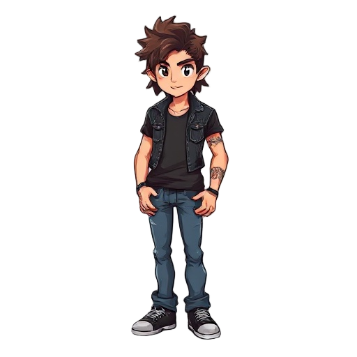 crie um sprite no estilo rpg maker mv, com camiseta de banda de rock, calça jeans, cabelos castanhos bagunçados e olhos castanhos, seguindo a grade padrão de 8 direções (