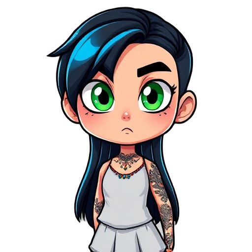 cabelo: negro com reflexos azuis (longo e levemente desalinhado)  olhos: verdes brilhantes e penetrantes  marcas: tatuagens rúnicas prateadas no braço  roupas: túnica prática em tons frios + detalhes 