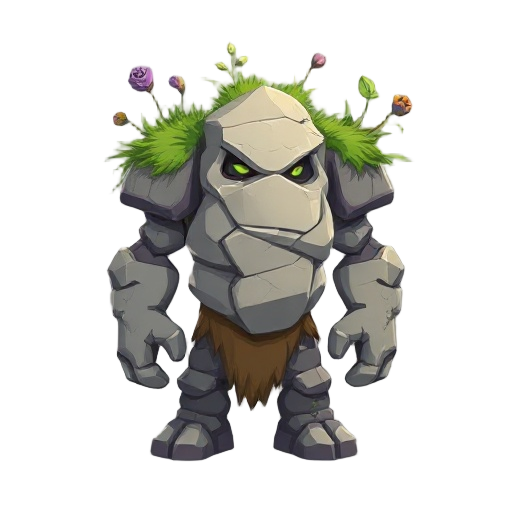 a rock golem with grass an some plant in their shoulders and in the back