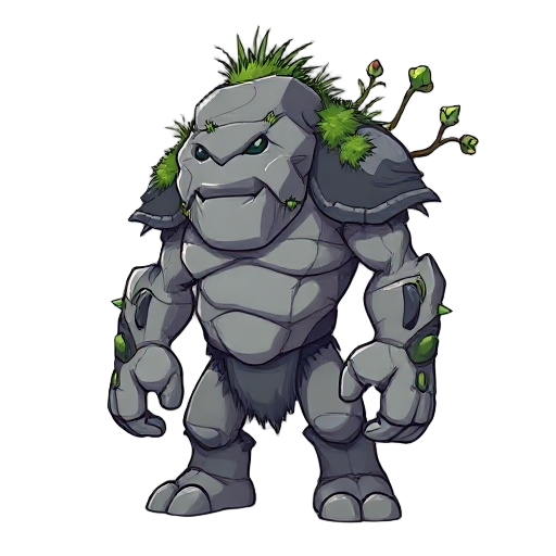 a rock golem with grass an some plant in their shoulders and in the back with a relatively side view