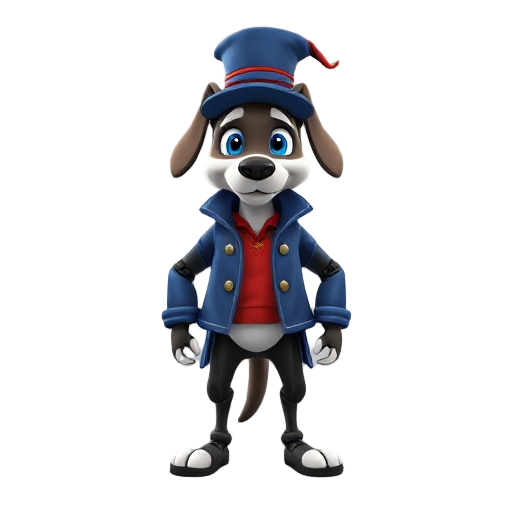 an animatronic dog with black pants without shoes with a blue coat and a red shirt over it with a magician's hat with blue eyes 