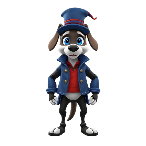 an animatronic dog with black pants without shoes with a blue coat and a red shirt over it with a magician's hat with blue eyes 