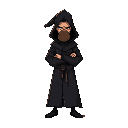 personnage capuches avec une longue robe noir de sorcier tout noir et un mass en bois sur le visage, un peu misterieux
