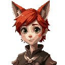 female, fox ears, short red hair, green eyes, freckles, medieval fantasy adventurer outfit