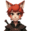 female, fox ears, short red hair, green eyes, freckles, medieval fantasy adventurer outfit