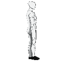 a white mannequin with black edges seen from the side from the right