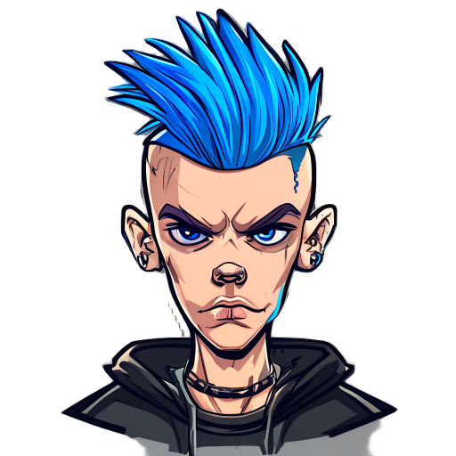 punk gang member with blue mohawk
