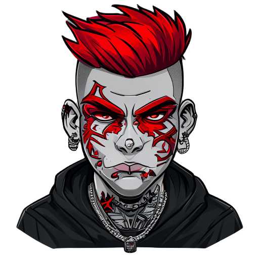 punk gang member with red face tattoo
