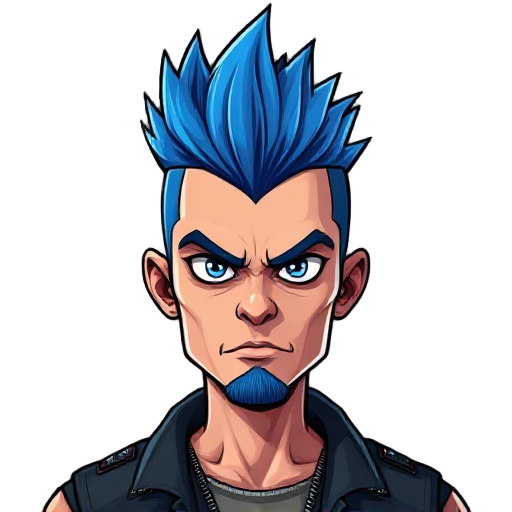 punk gang member with blue mohawk