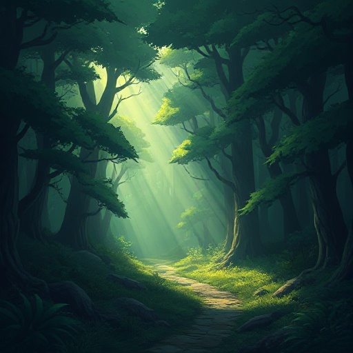a dark fantasy green forest with rays of lights entering diagonally