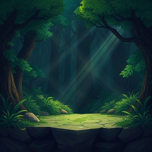 a platformer background for a dark fantasy game situated in a green forest with rays of lights entering diagonally