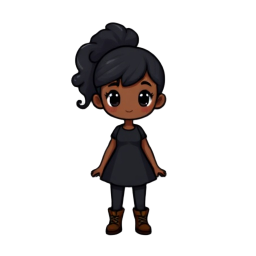 generate a small pixelated character with medium brown skin tone, a black curly ponytail, wearing a black dress and leggings with brown boots