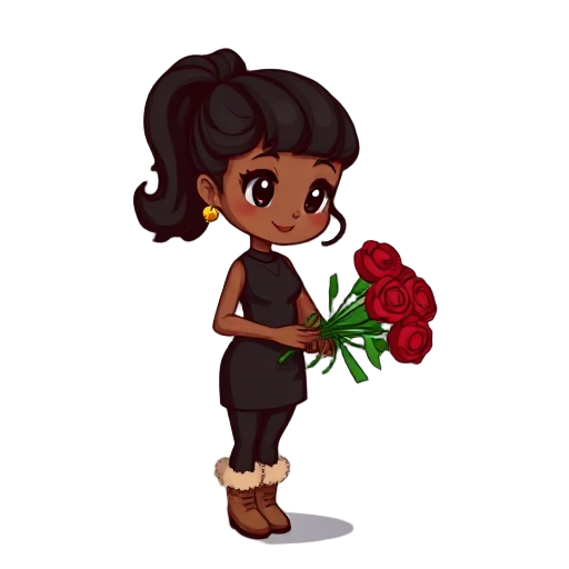 generate a small pixelated character with medium brown skin tone, a black curly ponytail with no bangs,, wearing a black bodycon dress and black leggings with light brown boots that have biege fur lining. and have her holding a bouquet of red roses