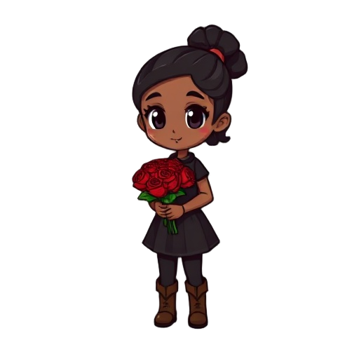 generate a small pixelated character with medium brown skin tone, a black curly ponytail, wearing a black dress and leggings with brown boots. and have her holding a bouquet of red roses