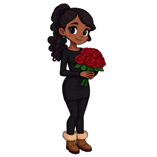 generate a small pixelated character with medium brown skin tone, a black curly ponytail with no bangs or hanging pieces, wearing a black bodycon dress and black leggings with light brown boots that have biege fur lining. and have her holding a bouquet of